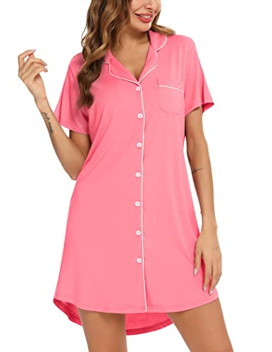 Anjue Pyjama-Nachthemden für Frauen Button-Down-Pyjama-Tops Kurz/Langarm Nachtwäsche Schlafhemden Nachthemd S-XXL, Kurzärmelig, Korallenrot, Medium von Anjue