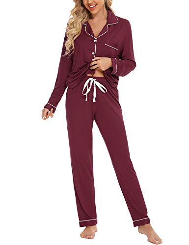 Anjue Pyjama für Frauen Weiche Knopfleiste Pyjama Set Langarm Hemd und Pyjamahose Lounge-Sets S-XXL, Dunkelrot, L von Anjue