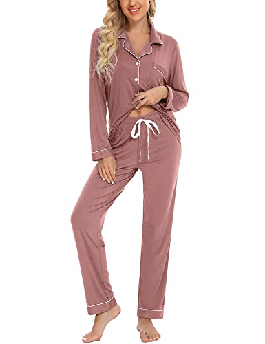 Anjue Pyjama für Frauen Weiche Knopfleiste Pyjama Set Langarm Hemd und Pyjamahose Lounge-Sets S-XXL, Pink, M von Anjue