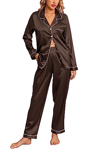 Anjue Seide Satin Pyjama Set Damen Langarm Nachtwäsche Weich Pjs Set Zweiteiliges Button Down Pj Set mit Taschen S-XXL, Braun, XXL von Anjue