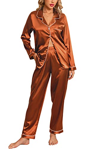 Anjue Seide Satin Pyjama Set Damen Langarm Nachtwäsche Weich Pjs Set Zweiteiliges Button Down Pj Set mit Taschen S-XXL, Orange/Abendrot im Zickzackmuster (Sunset Chevron), M von Anjue