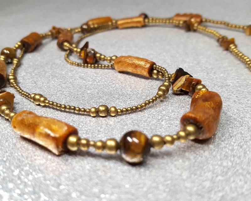 Doppelsträngige Halskettein Braunem Farbton | Lang 76+ 7cm Aus Bambuskorallensteinen | 20x8mm Und Tigerauge-steinen in Verschiedenen Formen von AnkaaKreationen