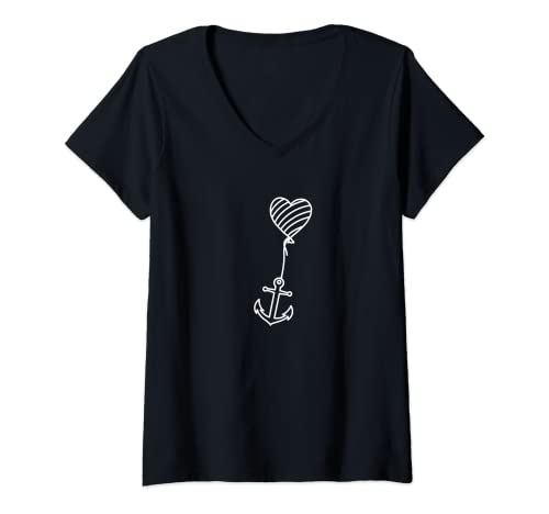Damen Anker Herz Meer Küste Moin Damen Heimat Urlaub T-Shirt mit V-Ausschnitt von Anker Kleidung Nordsee Damen Geschenke