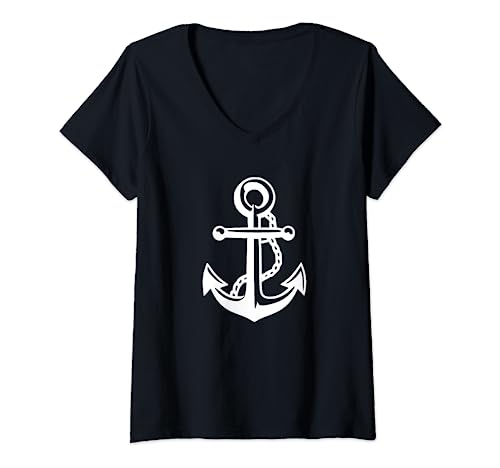 Damen Schiff Anker in Weiss mit dem Seil Meer See Ozean Anker T-Shirt mit V-Ausschnitt von Anker Meer Designs24