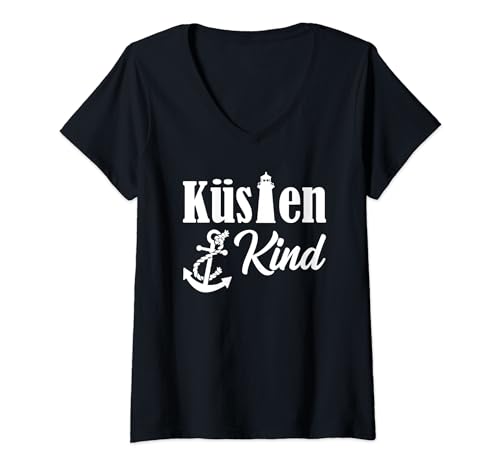 Küstenkind - Kind der Küste - Leuchtturm & Anker Geschenk T-Shirt mit V-Ausschnitt von Anker Meer Hafen Schiff Ahoi Moin & Geschenke