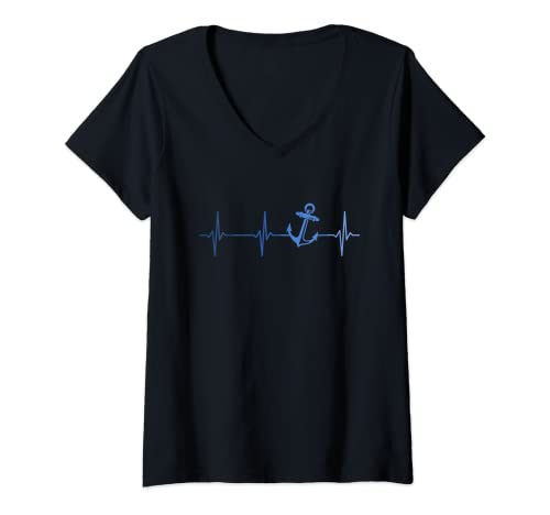 Damen Anker Herzschlag EKG Seemann See Seefahrer T-Shirt mit V-Ausschnitt von Anker-Symbol & Seefahrt Motive