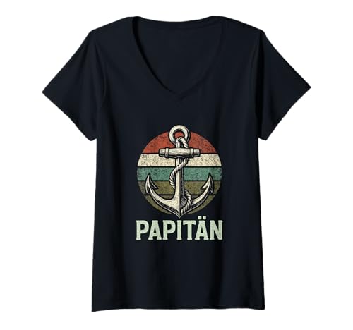 Damen Papitän - Papa Papitän Kapitän Lustiger Retro T-Shirt mit V-Ausschnitt Damen Papitän - Papa Papitän Kapitän Lustiger Retro T-Shirt mit V-Ausschnitt von Anker Vatertag Wortspiel Segeln Boote Meer Spruch