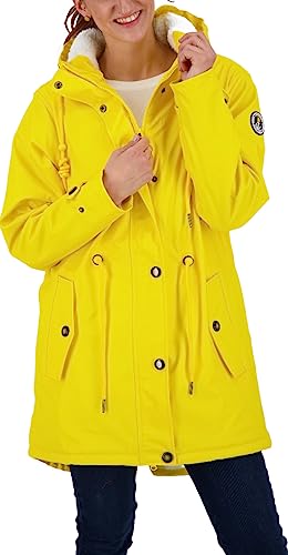 Ankerglut Damen Friesennerz Regenmantel Kapuze Wasserdicht Wetterfest Windbreaker mit Teddyfleece Regenjacke, Yellow, 34 von Ankerglut