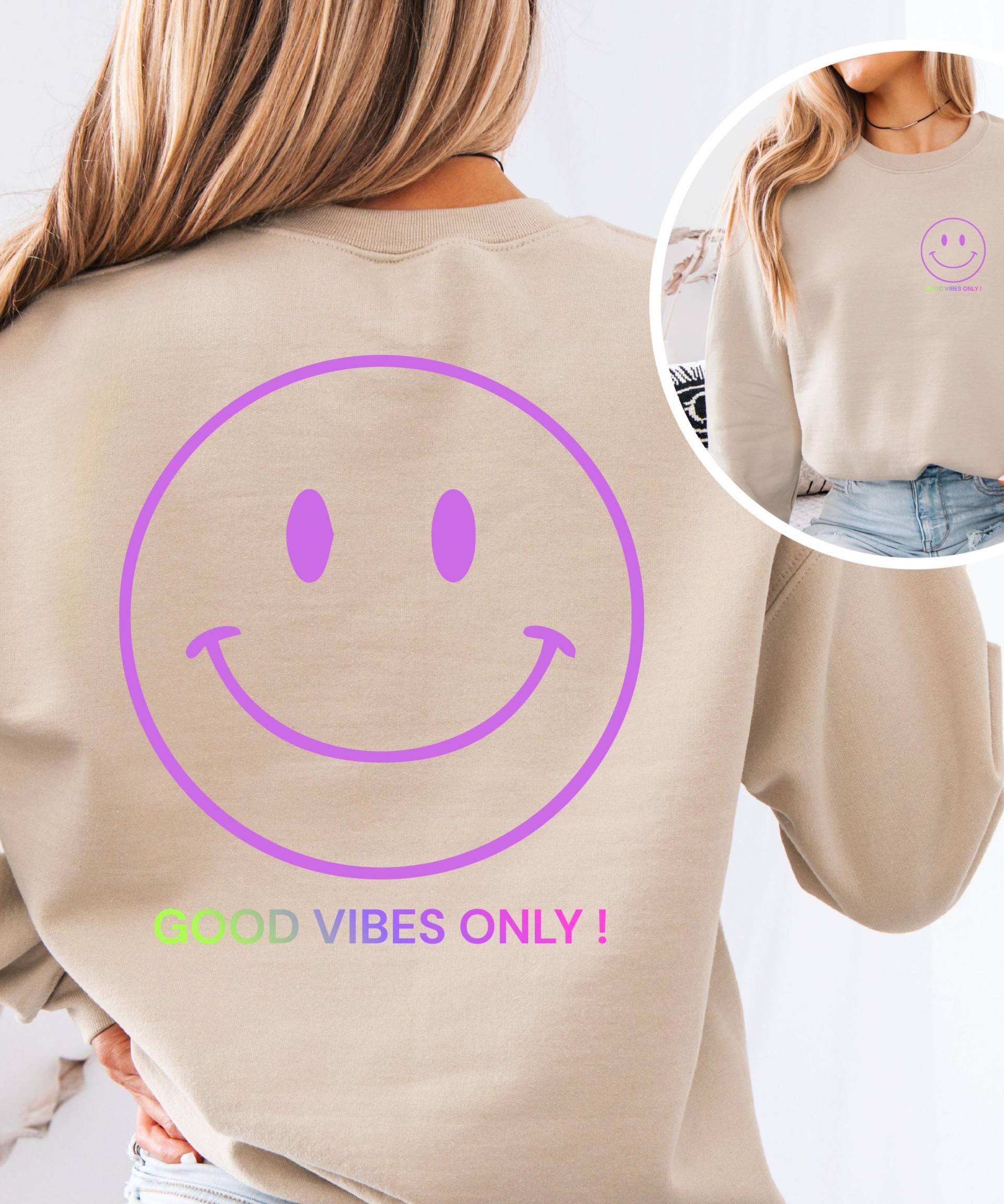 Smiley Sweater Damen | Rückenprint Frontprint Optional Cozy Pullover Oversized Look Herbst Hoodie Geschenkidee in 15 Trendfarben von AnkesHerzwerk