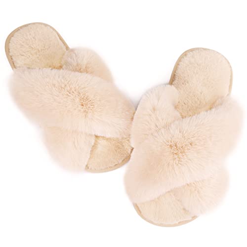Ankis Hausschuhe Damen Plüsch mit Kreuzband Warme Pantoffeln, Memory-Schaum und Offene Zehenpartie Flauschige Hausschuhe Damen für Drinnen und Draußen (Kamel - 40/41 EU) von Ankis