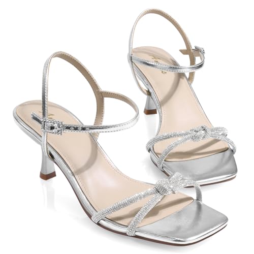 Ankis Kitten Heels Strass Riemchen Quadratisch Offener Zehenbereich Gold Silber Knöchelriemen Sandalen für Frauen Hochzeit Party Abschlussball Casual Kleid Abschluss Geschenk Komfort Schuhe 6,3 cm von Ankis