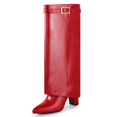 Ankis Kniehohe Stiefel für Damen, breiter Absatz, spitzer Zehenbereich mit seitlichem Reißverschluss, lange hohe Stiefel, Rot PU, 38.5 EU von Ankis