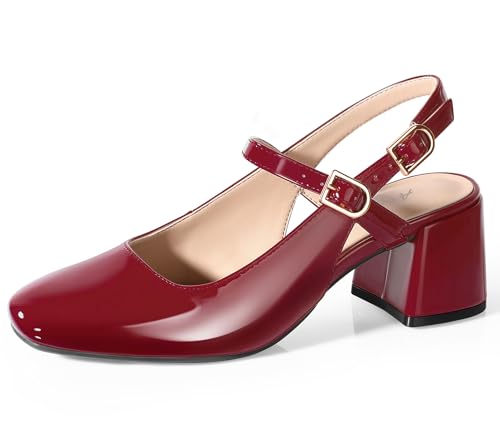 Ankis Mary Jane Chunky Low Heels Kleid Schuhe für Frauen Slingback Square Closed Toe Heels Hochzeit Party Pumps, Burgunderroter Lack, 39.5 EU von Ankis