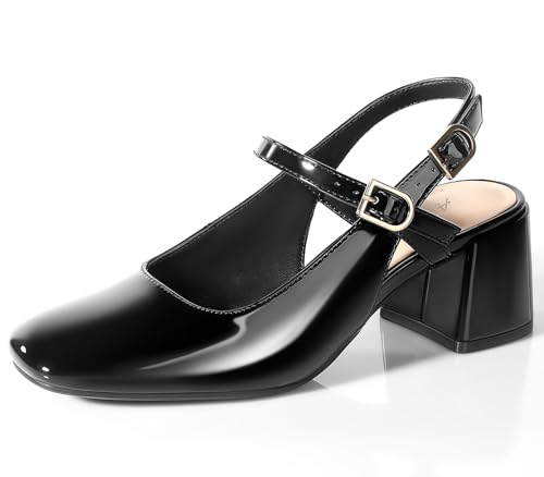 Ankis Mary Jane Chunky Low Heels Kleid Schuhe für Frauen Slingback Square Closed Toe Heels Hochzeit Party Pumps, Schwarz Lack, 39.5 EU Ankis Mary Jane Chunky Low Heels Kleid Schuhe für Frauen Slingback Square Closed Toe Heels Hochzeit Party Pumps, Schwarz Lack, 39.5 EU von Ankis