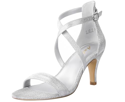 Ankis Nude Gold Schwarz Heels Riemchenschuhe für Damen 7,6 cm Stiletto Offene Zehen Sandalen für Hochzeit Abend Party Heimkehr, Silberfarbener Stoff., 41 EU von Ankis