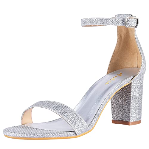 Ankis Damen Sandalen, Silber Heels für Damen, Offener Zeh Knöchelriemen Chunky Heel Pump Sandalen, Party Hochzeit Riemchenschnalle Sandalen (35 EU) von Ankis