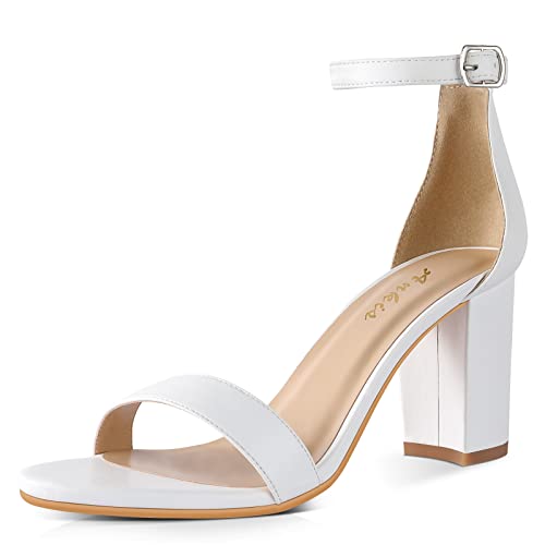 Ankis Damen Sandalen, Weiß Heels für Damen, Offener Zeh Knöchelriemen Chunky Heel Pump Sandalen, Party Hochzeit Riemchenschnalle Sandalen (35 EU) von Ankis