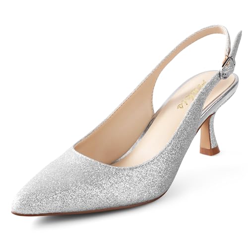 Ankis Slingback Heels für Frauen Geschlossene Zehe Damen Pumps Kätzchen Absatz Hochzeit Party Casual Kleid Schuhe, Silber Glitter, 41 EU von Ankis