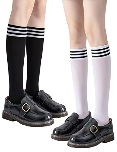 Anlaey Damen Kniehohe Netzsocken Mesh Netz Hosensocken Lolita Netzstrümpfe Sheer Strumpfhose Cosplay Kostüme Strümpfe 2 Paar, 2 Paar Streifen, Einheitsgröße von Anlaey