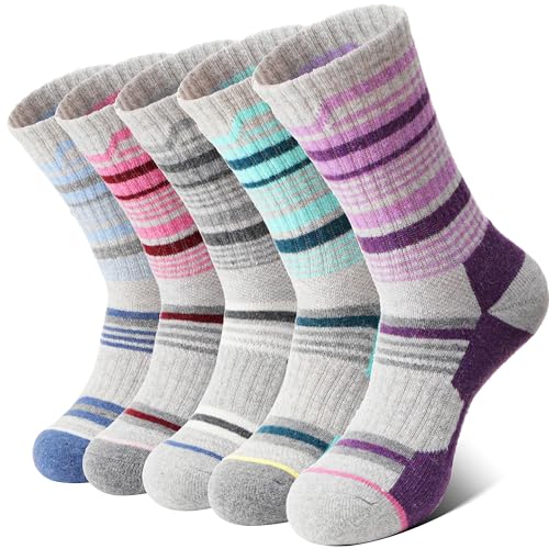 Anlisim Merino Wandersocken für Damen Warme Wollsocken Thermosocken Dick Wolle Wintersocken Atmungsaktiv Arbeitssocken Geschenke Sportsocken Outdoor Socken 5 Paare(Farbe Streifen,M) von Anlisim