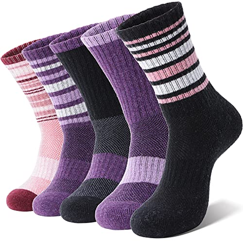 Anlisim Merino Wandersocken für Damen Warme Wollsocken Thermosocken Dick Wolle Wintersocken Atmungsaktiv Arbeitssocken Geschenke Sportsocken Outdoor Socken 5 Paare(Lila/Schwarz/Rot,M) von Anlisim