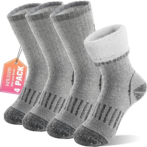 Anlisim Merino Wandersocken für Kinder Mädchen Jungen Wolle Socken Dicke Thermosocken Warme Sportsocken Trekking Wintersocken Weihnachtssocken Geschenke Kindersocken 4 Paare(Grau,4-7 Jahre) von Anlisim