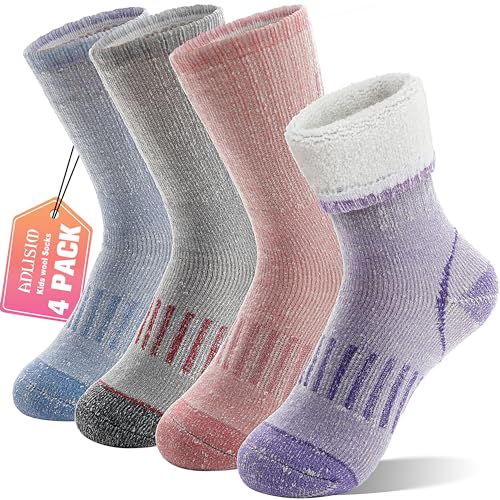 Merino Wandersocken für Kinder Mädchen Jungen Wolle Socken Dicke Thermosocken Warme Sportsocken Trekking Wintersocken Weihnachtssocken Geschenke Kindersocken 4 Paare(Lila/Rosa/Blau/Grau,12-15 Jahre) von Anlisim