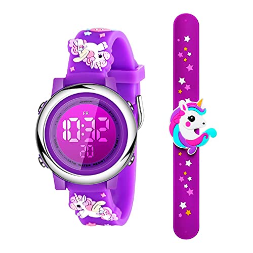 Anloo Einhorn-Kinder-Digitaluhr und Silikon-Armband für Mädchen und Jungen, niedliches 3D-Cartoon-Wasserdicht-Kleinkind-Digitaluhr-Geschenk für 3-12 Jahre Kinder (VIOLETT) von Anloo