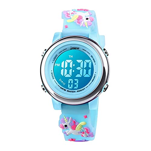 Kleinkind Kinder Digitaluhren für Mädchen Jungen,3D Cute Cartoon 7 Farblichter wasserdichte Sport Elektronische Armbanduhr mit Alarm Stoppuhr für 3-10 Jahre Kinder (Einhorn-Blau) von Anloo