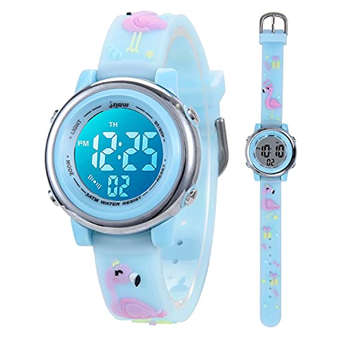 Kleinkind Kinder Digitaluhren für Mädchen Jungen,3D Cute Cartoon 7 Farblichter wasserdichte Sport Elektronische Armbanduhr mit Alarm Stoppuhr für 3-10 Jahre Kinder (Flamingo-Blau) von Anloo