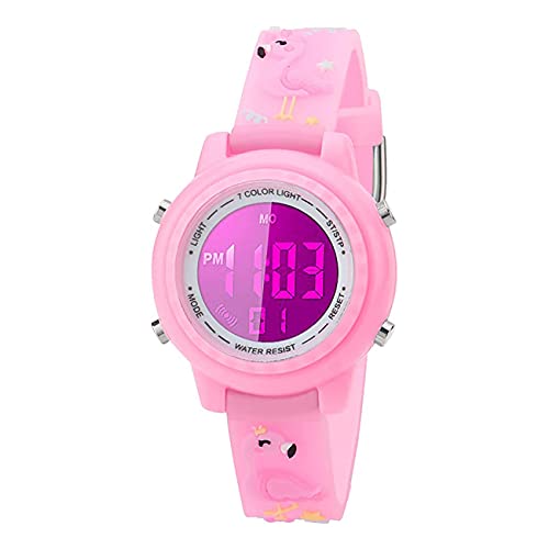 Kleinkind Kinder Digitaluhren für Mädchen Jungen,3D Cute Cartoon 7 Farblichter wasserdichte Sport Elektronische Armbanduhr mit Alarm Stoppuhr für 3-10 Jahre Kinder (Flamingo-Hellrosa) von Anloo