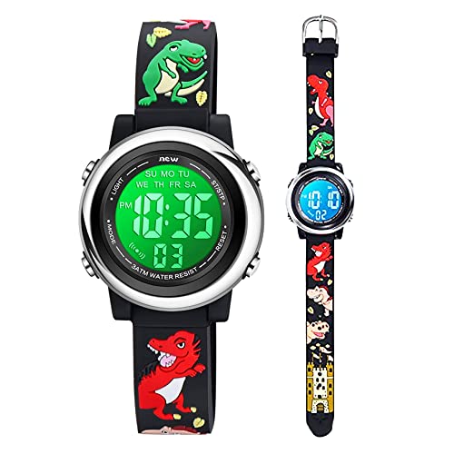 Kleinkind Kinder Digitaluhren für Mädchen Jungen,3D Cute Cartoon 7 Farblichter wasserdichte Sport Elektronische Armbanduhr mit Alarm Stoppuhr für 3-10 Jahre Kinder (Dinosaurier 2-Schwarz) von Anloo