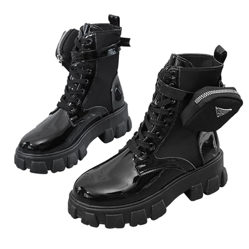 Anloximt Kampfstiefel mit dicker Sohle für Damen, Schnürstiefel mit dicker Sohle | Combat Ankle Bootie zum Schnüren mit Tasche,Lässige Schuhe, Stiefel mit Profilsohle, mittelhohe Stiefel für Damen von Anloximt