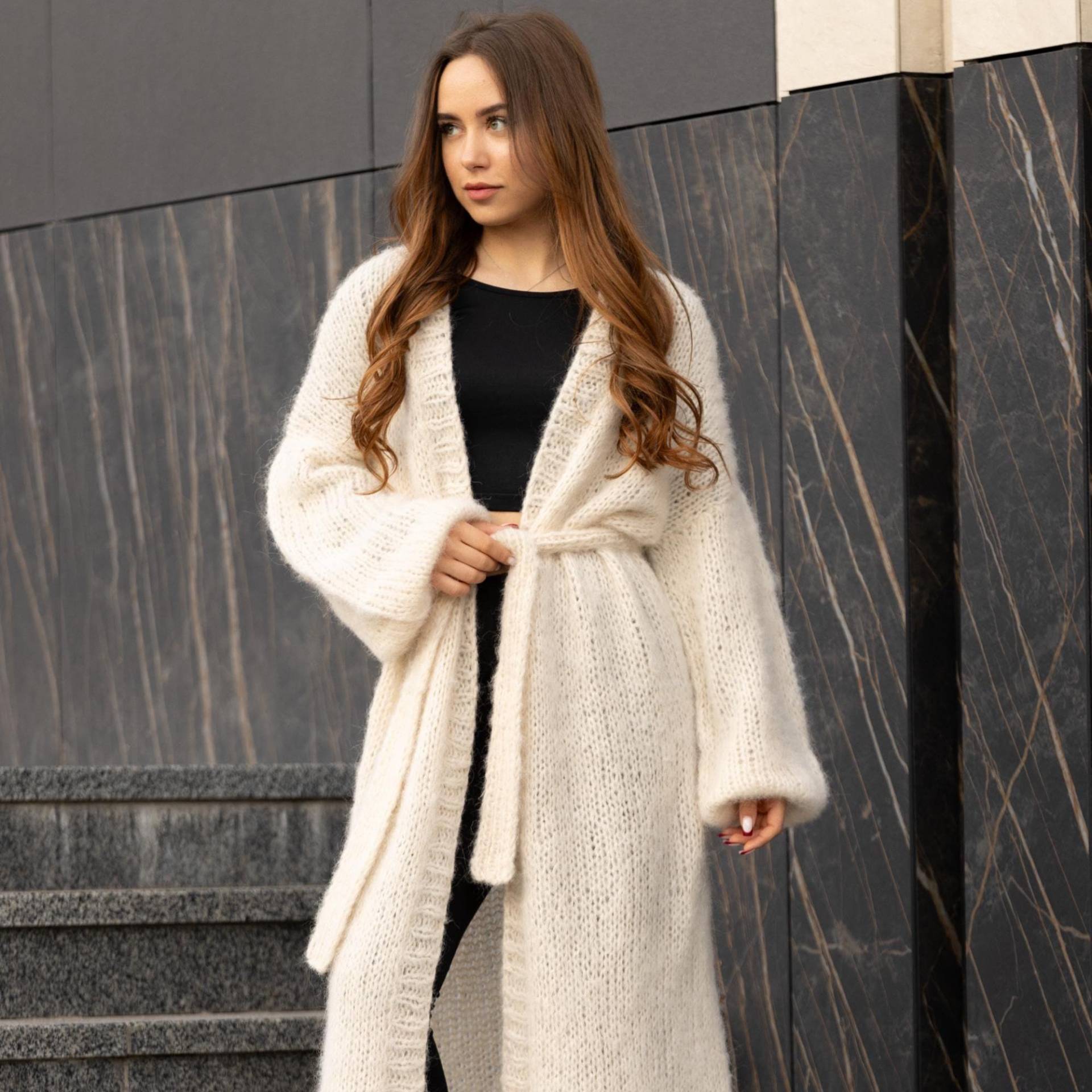 Creme Extra Lange Strickjacke Übergroße Für Sie Knöchel-Längen-Strickjacke Weiche Wolle Strickmantel Gemütliche Loungewear Grobstrick von Anlusso