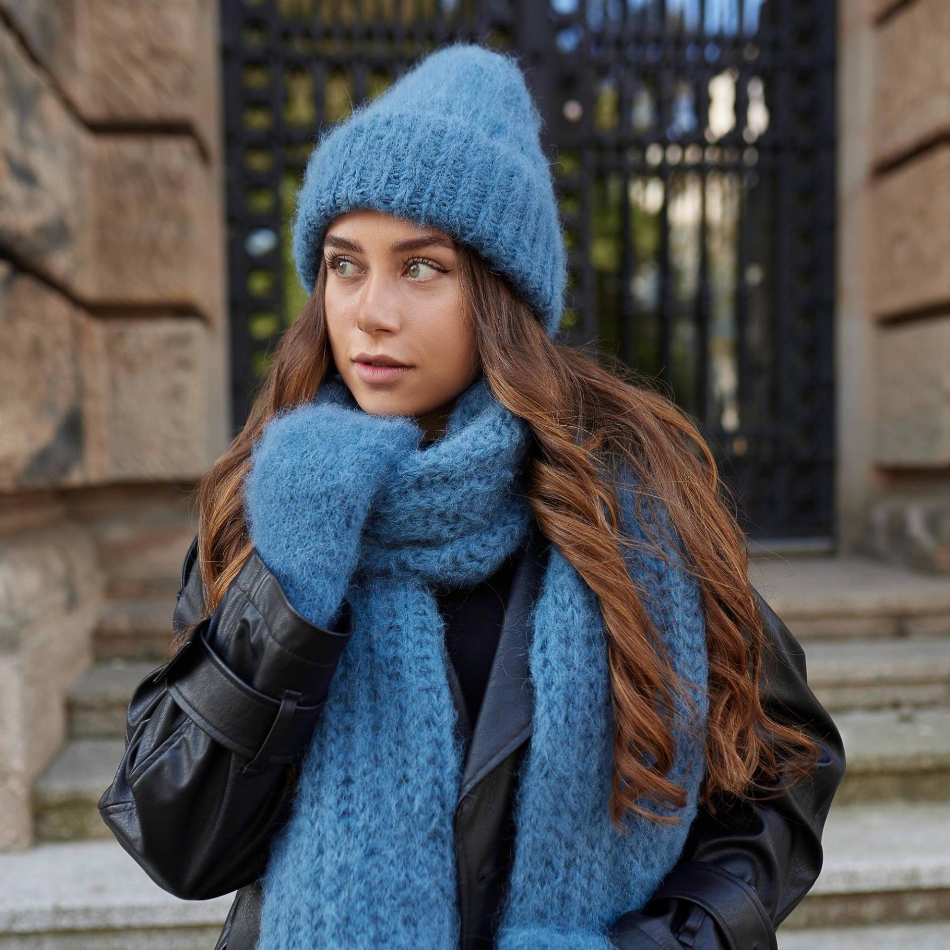 Luxus Alpaka Wolle Set Handgefertigte Blaue Mütze, Schal & Handschuhe, Gemütliches Winter Geschenk von Anlusso