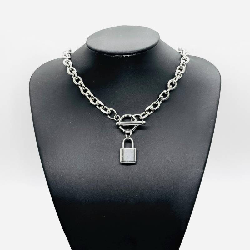 Chunky Gliederkette Silber Aus Titanstahl Mit Vorhängeschloss 53 cm Länge - Grobe Kette Wasserfest Massive Herren Geschenk Für Ihn von GluecksengeI