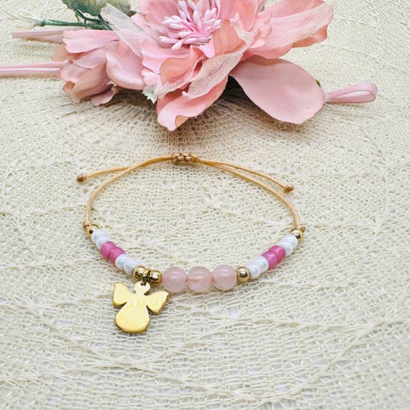 Filigranes Perlen Armband Mit Engel Anhänger - Zartes Schutzengel Makramee Gold von GluecksengeI