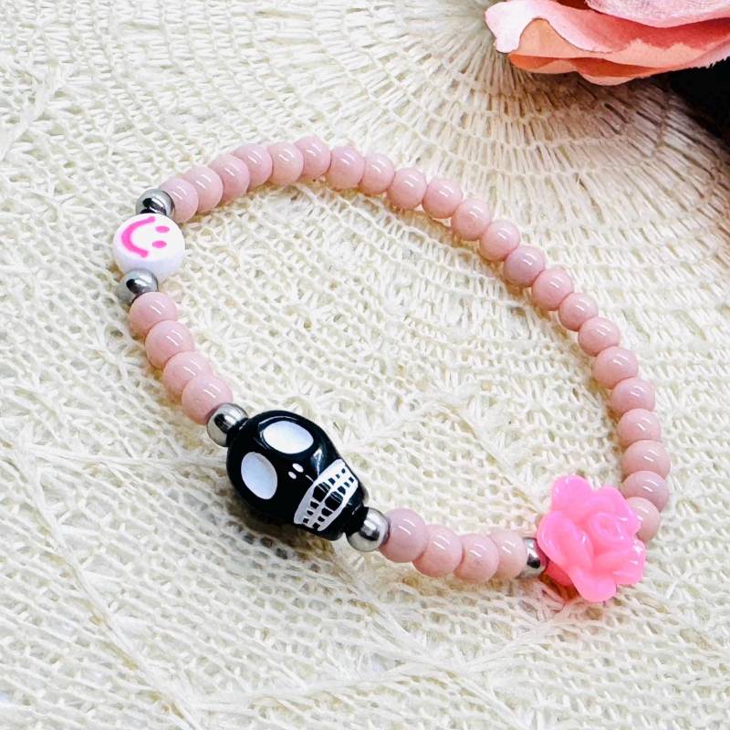 Skull Armband Rosé Mit Blume U. Smiley - Perlenarmband Elastisch Damen von GluecksengeI