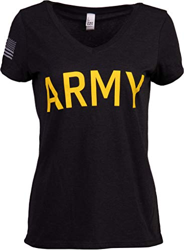 Army Damen-T-Shirt, V-Ausschnitt, US-Militär, Infanterie, Ärmel, Flagge, Soldat - Schwarz - Groß von Ann Arbor T-shirt Co.