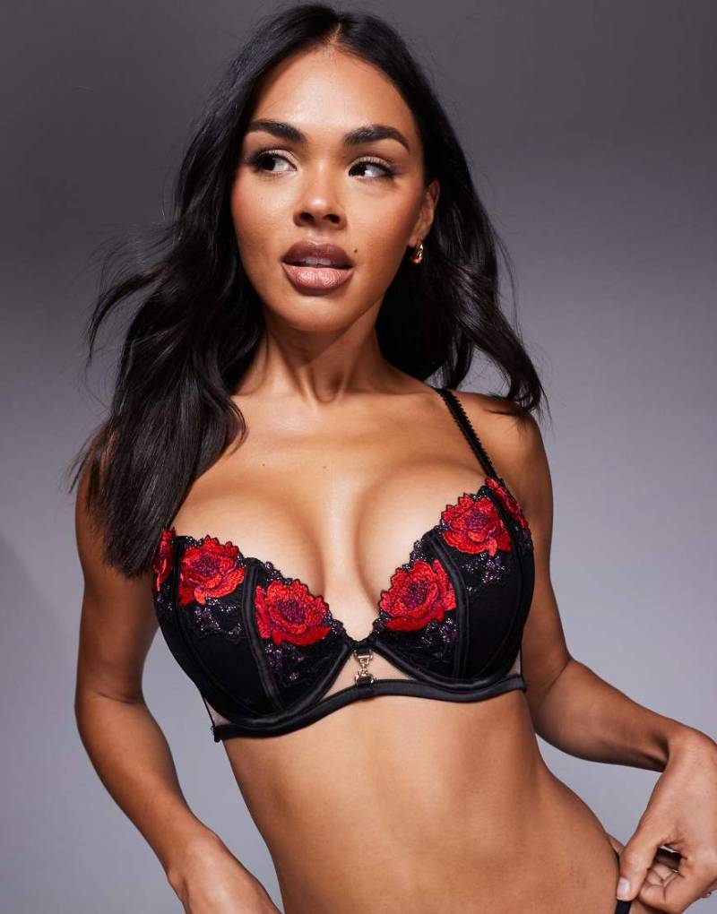 Ann Summers - Caged - Wattierter, tief ausgeschnittener BH mit Rosendesign in Rot/Schwarz-Bunt von Ann Summers