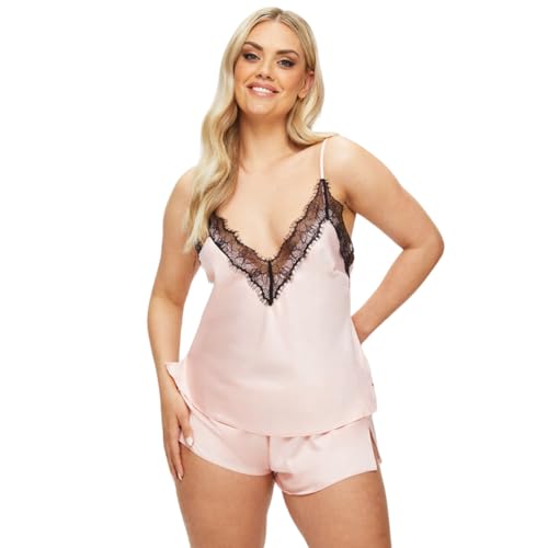 Ann Summers - Cerise Cami Satin Lounge Set für Damen, V Ausschnitt Dessous Pyjama Set, Schwarz Cami und Shorts Set mit Wimpernspitzenbesatz, Nachtwäsche für Frauen, blassrosa, 38 von Ann Summers