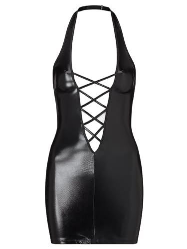 Ann Summers Schwarzes Shania-Kleid aus Kunstleder, Dessous-Set mit überkreuzten Front-Details, Wet-Look-Minikleid, sexy schwarzes figurbetontes Kleid für Damen, Schwarz , X-Small von Ann Summers