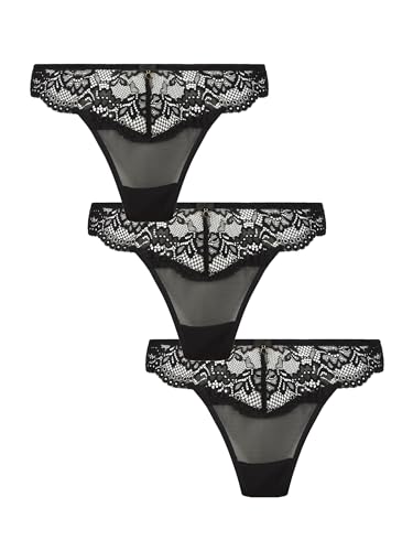 Ann Summers Sexy Spitze Planet String Tangas für Frauen mit Spitzenbesatz und Charm-Detail – Spitze G-String – Barely There String Unterwäsche – Tanga Dessous – 3er-Pack – Schwarz, Schwarz , 40 von Ann Summers