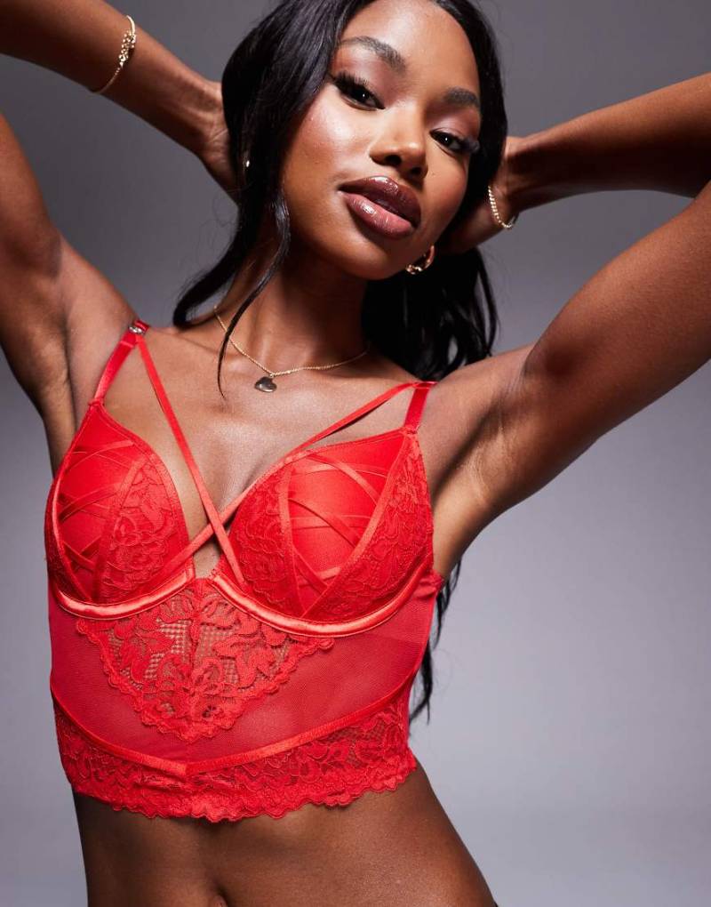 Ann Summers - Sweet Surrender - Wattierter Korsett-BH aus Spitze und Netzstoff in Rot mit tiefem Ausschnitt von Ann Summers