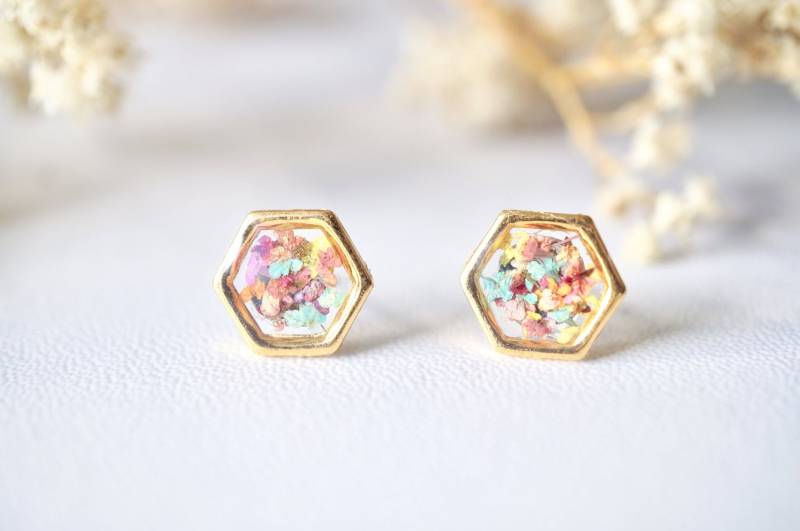 Echte Gepresste Blumen Und Harz Hexagon Gold Ohrstecker in Pastell Mix Echte Gepresste Blumen Und Harz Hexagon Gold Ohrstecker in Pastell Mix von AnnAndJoy