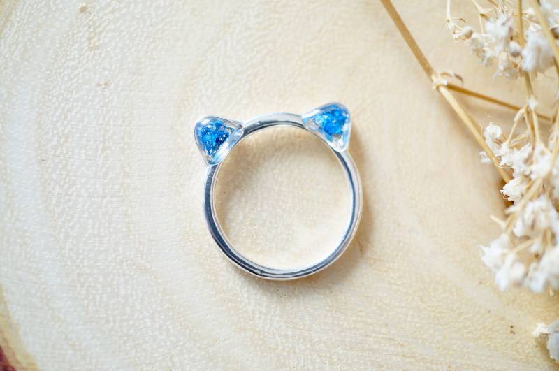 Echte Gepresste Blumen Und Resin Katzenring in Silber Kobaltblau von AnnAndJoy
