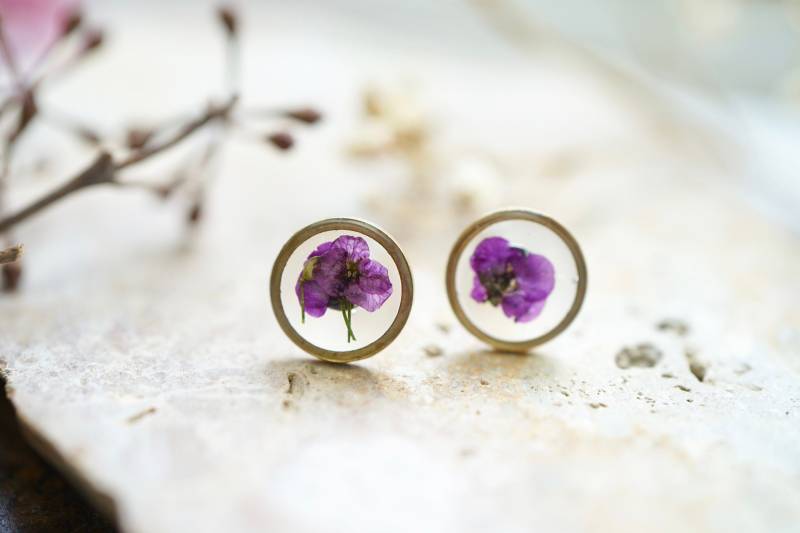 Echte Gepresste Blumen Und Resin Ohrstecker, Messing Kreise Mit Lila Alyssum Echte Gepresste Blumen Und Resin Ohrstecker, Messing Kreise Mit Lila Alyssum von AnnAndJoy