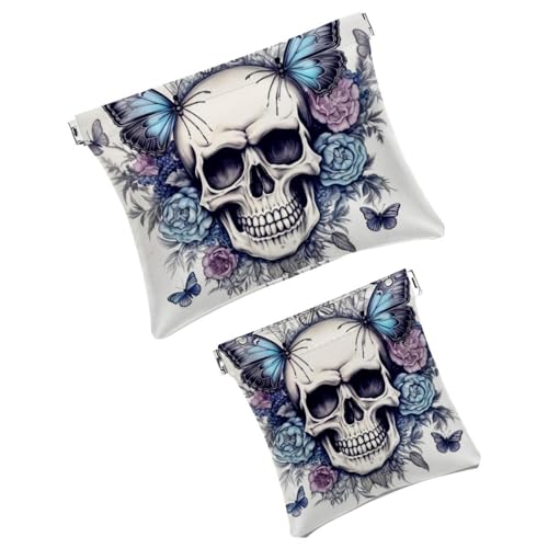 Anna Cowper Kleine Make-up-Tasche für Geldbörse, Totenkopf-Motiv, violette Schmetterlinge, Kosmetiktasche, tragbare Mini-Reise-Make-up-Tasche für Frauen, Geschenke, 2 Stück, Mehrfarbig 15, Small and von Anna Cowper