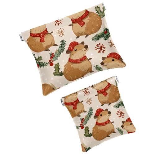 Anna Cowper Kosmetiktasche für Geldbörsen, Leder, kleine Make-up-Tasche, Kosmetiktasche, tragbar, kein Reißverschluss, Make-up-Tasche, Münzgeldbörse, Schmuckbeutel, Capybara, Weihnachten, 2 Stück, von Anna Cowper