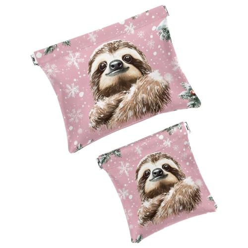 Anna Cowper Kosmetiktasche für Geldbörsen, Leder, kleine Make-up-Tasche, Kosmetiktasche, tragbar, kein Reißverschluss, Make-up-Tasche, Münzgeldbörse, Schmuckbeutel, Weihnachts-Faultier-Schneeflocke, 2 von Anna Cowper